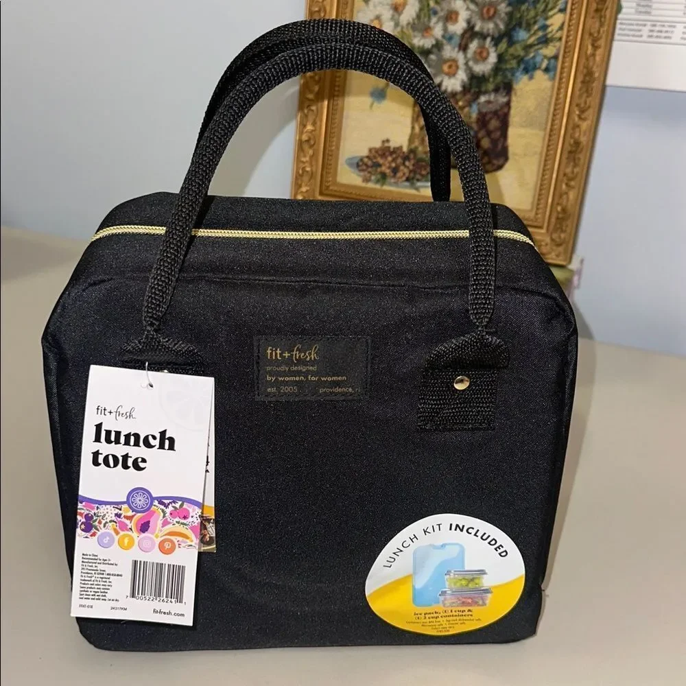 fit + fresh Bloomington Black Lunch Tote Bag w/ Handles Ice Pack & 2 Containers